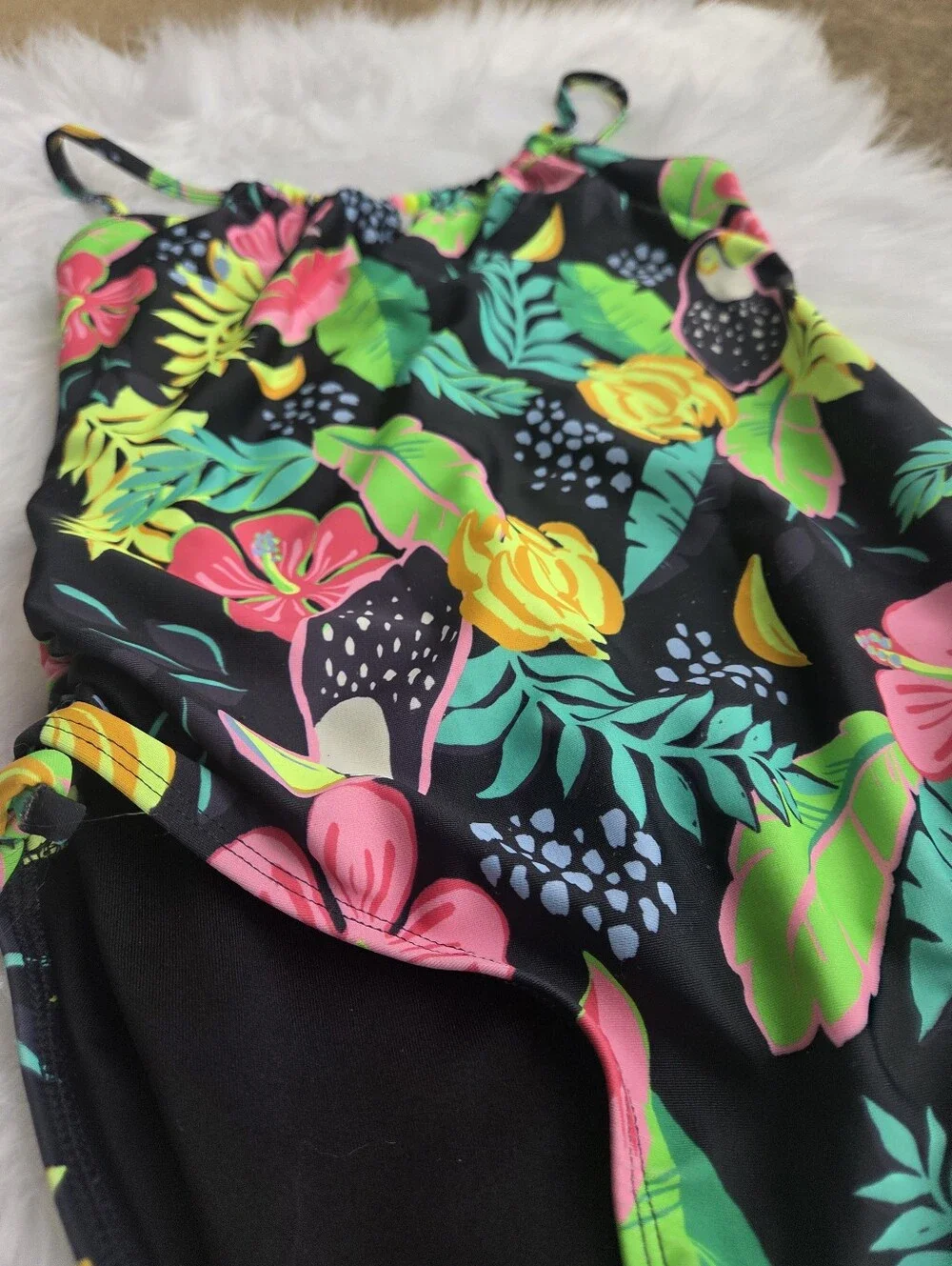 Old Navy - Kids Bead-Cutout One-Piece Swimsuit - Black with Neon Prints - Size